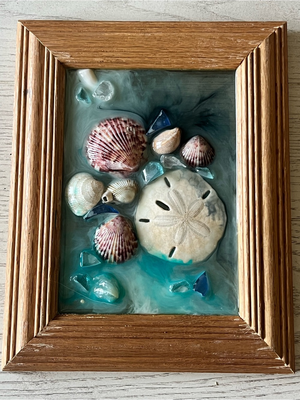 Coastal Shell Wall Art in Wooden Frame- Teal and Natural Framed Ocean Scene